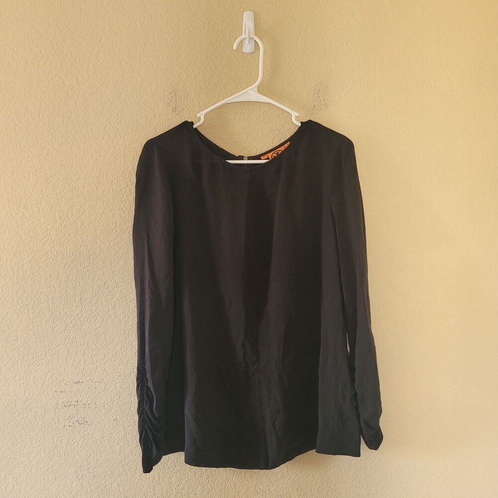 Tory Burch 100% Silk Black Blouse Womens 4 Ruched Long Sleeve Back Zipper Office